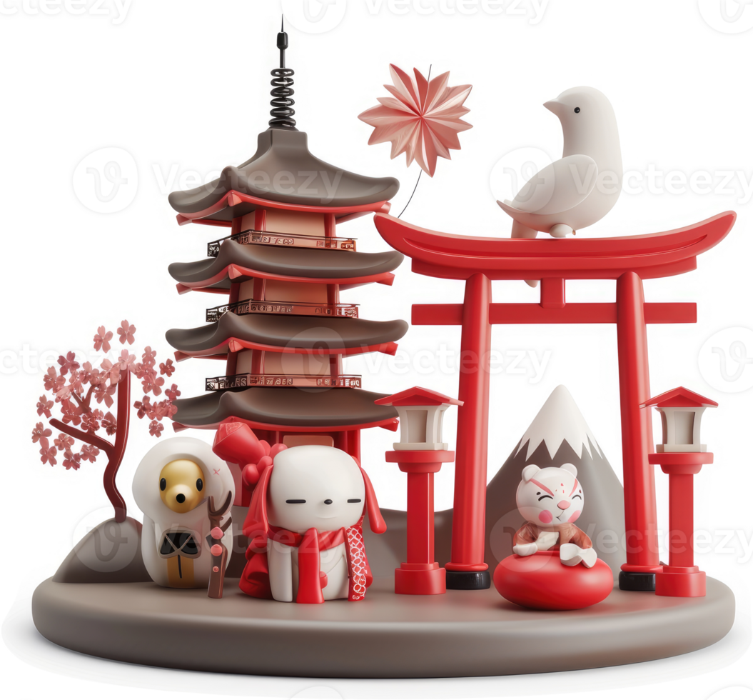 Japanese-themed figurine, depicting a pagoda, torii gate, and whimsical characters. png
