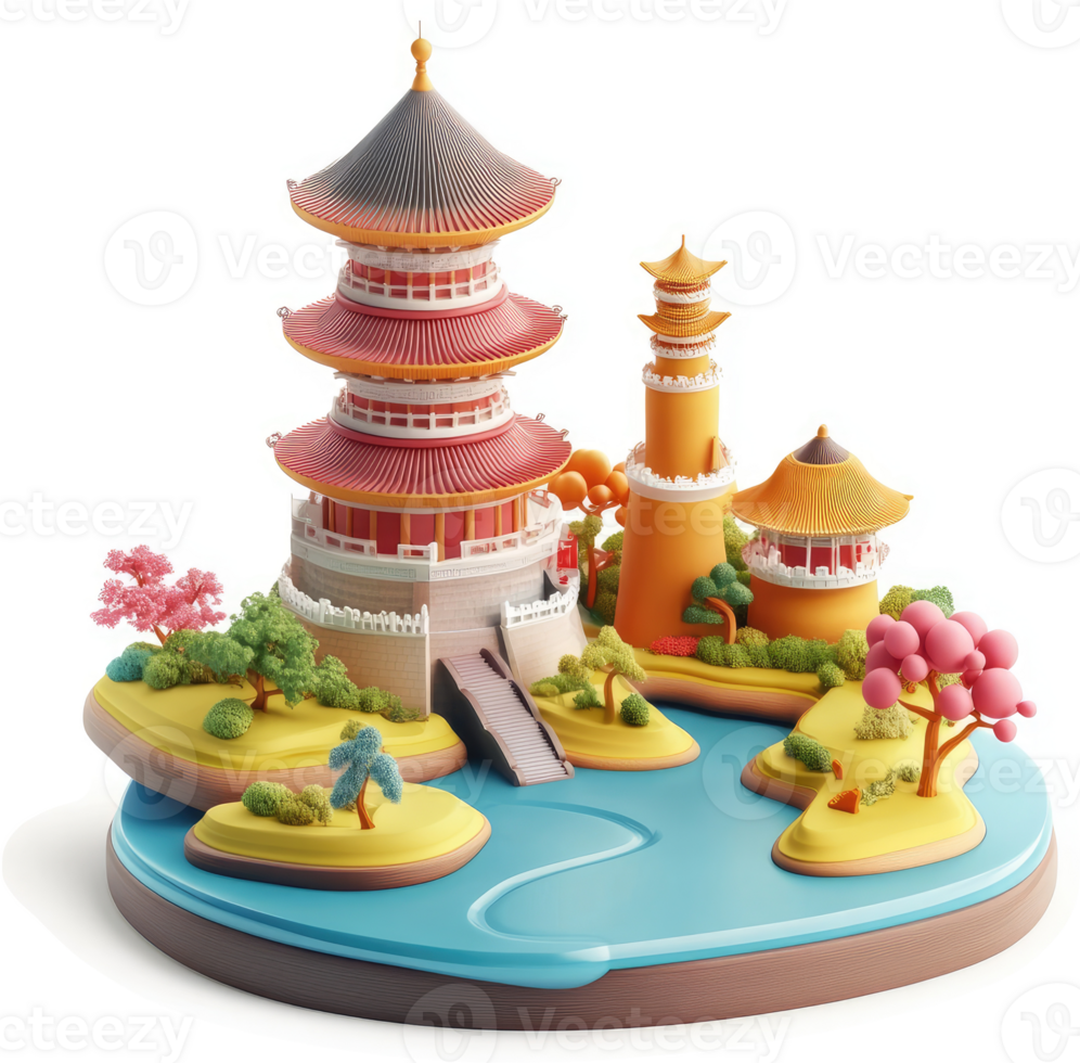 Vibrant stylized miniature of a Chinese temple complex. png