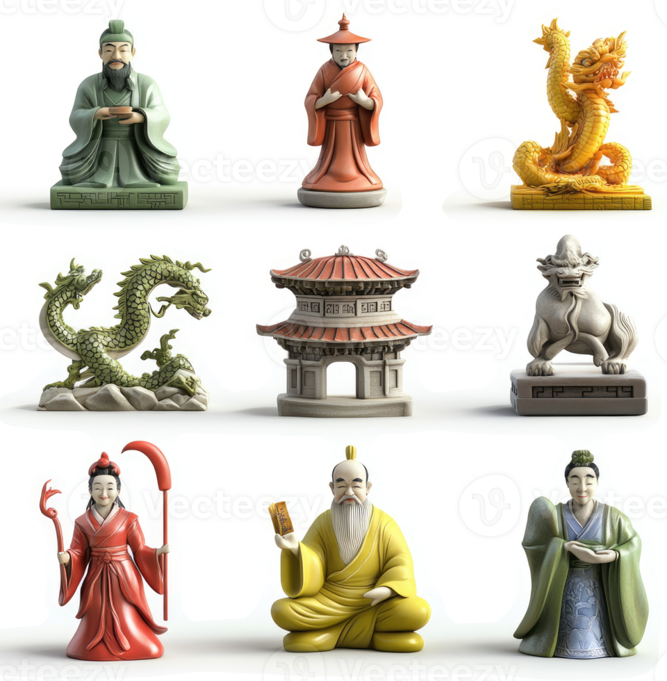 Collection of Asian figurines depicting figures and landmarks. png