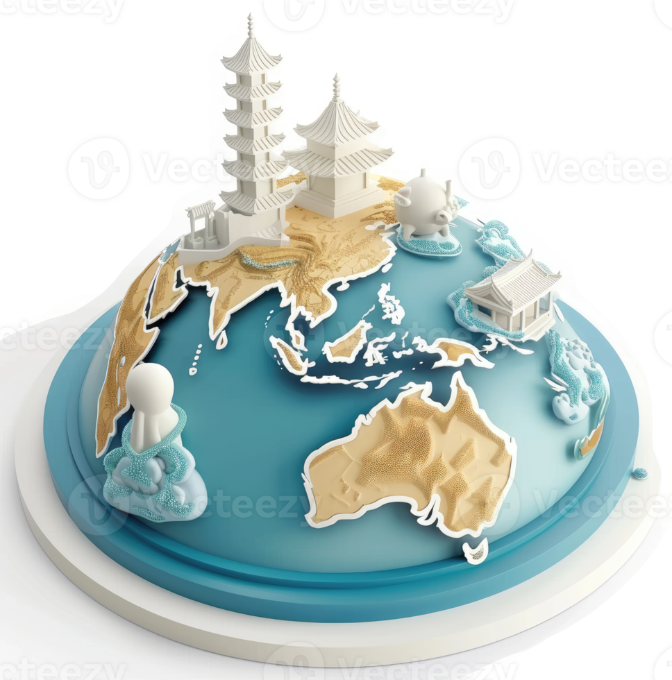 Global Asian landmarks depicted on a stylized world map. png