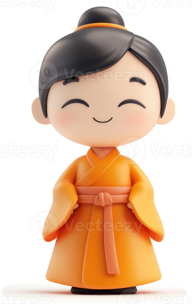 Smiling, orange-robed anime girl figurine. png