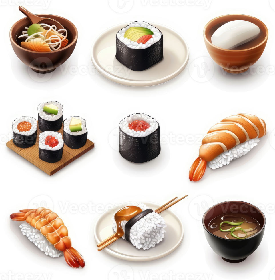 Diverse selection of japanese cuisine dishes. png