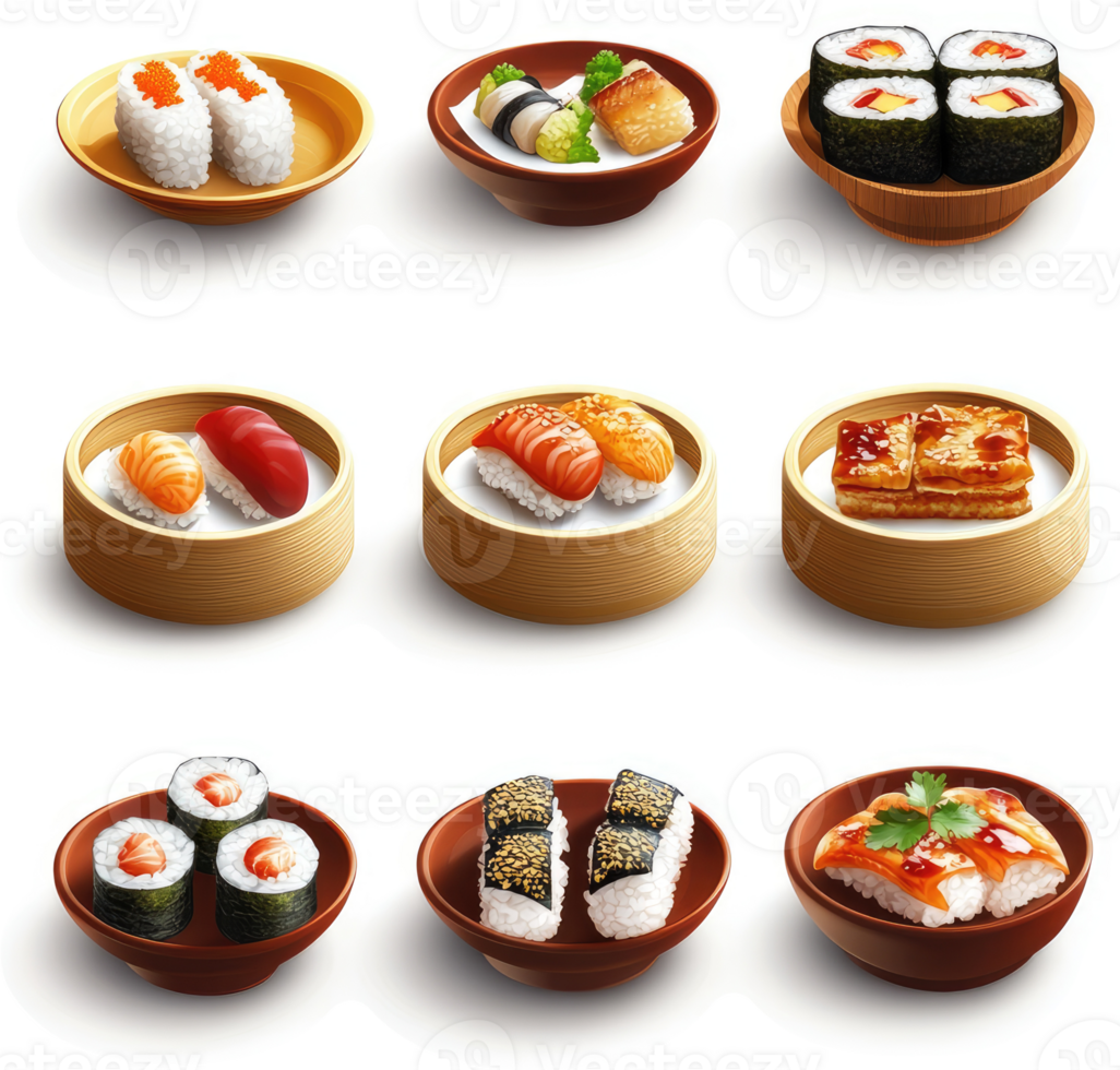 Assorted sushi and other japanese dishes, displayed in various bowls. png