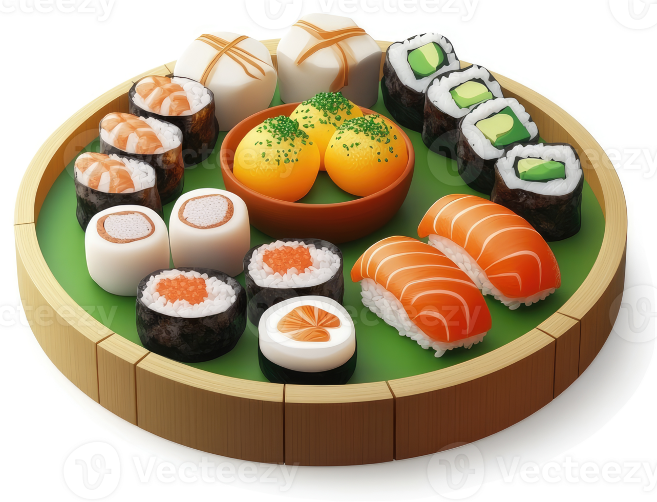 Colorful assortment of sushi and other Japanese delicacies. png