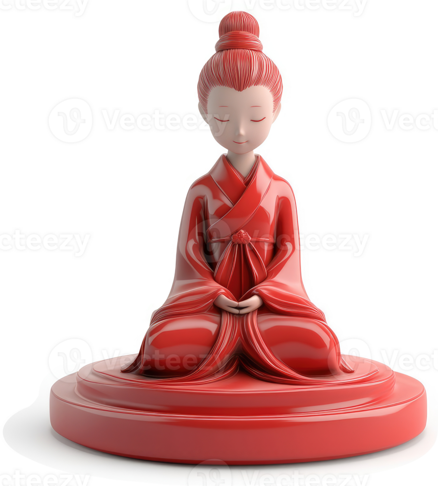 Red figurine of a seated, serene maiden. png