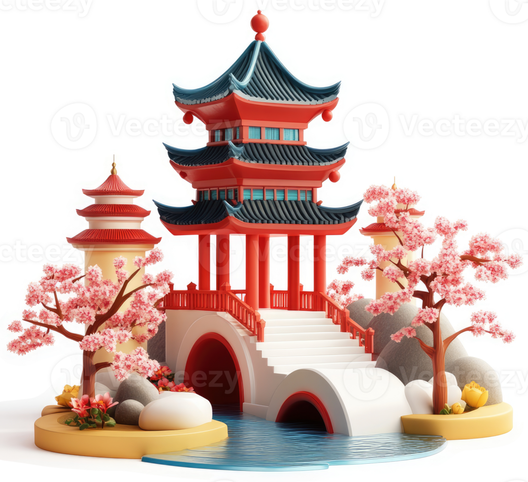 Colorful Asian-inspired pagoda complex with a bridge. png