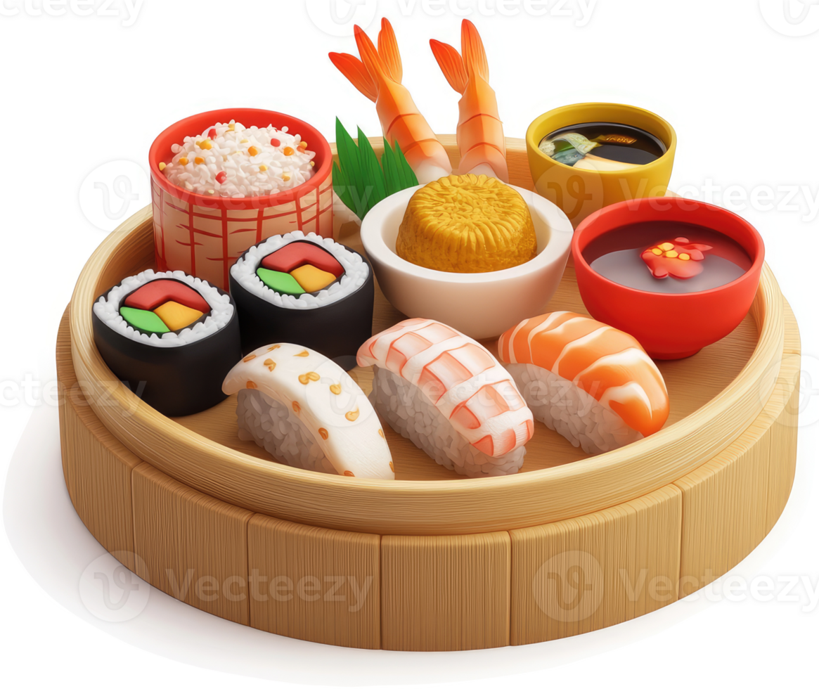 Colorful assortment of diverse sushi and Asian dishes. png