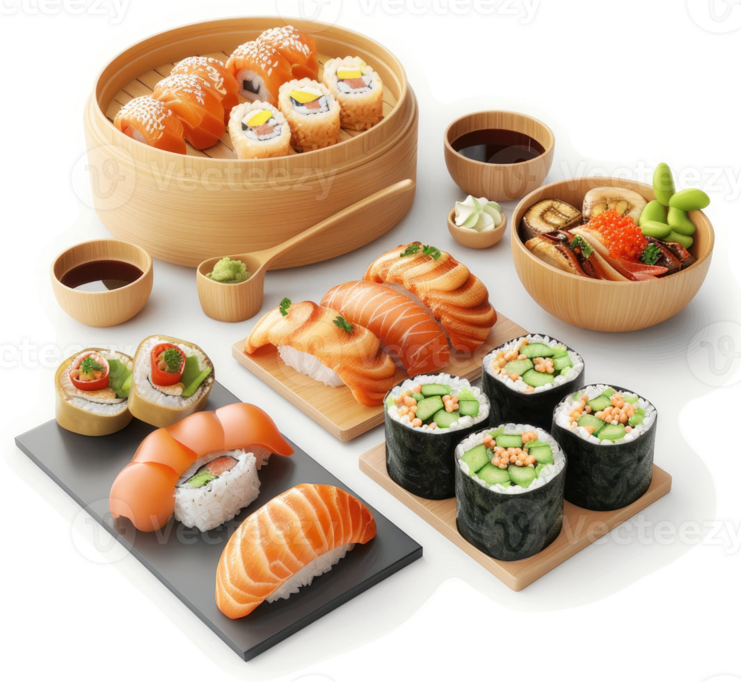 Diverse assortment of sushi and Japanese cuisine in wooden containers. png