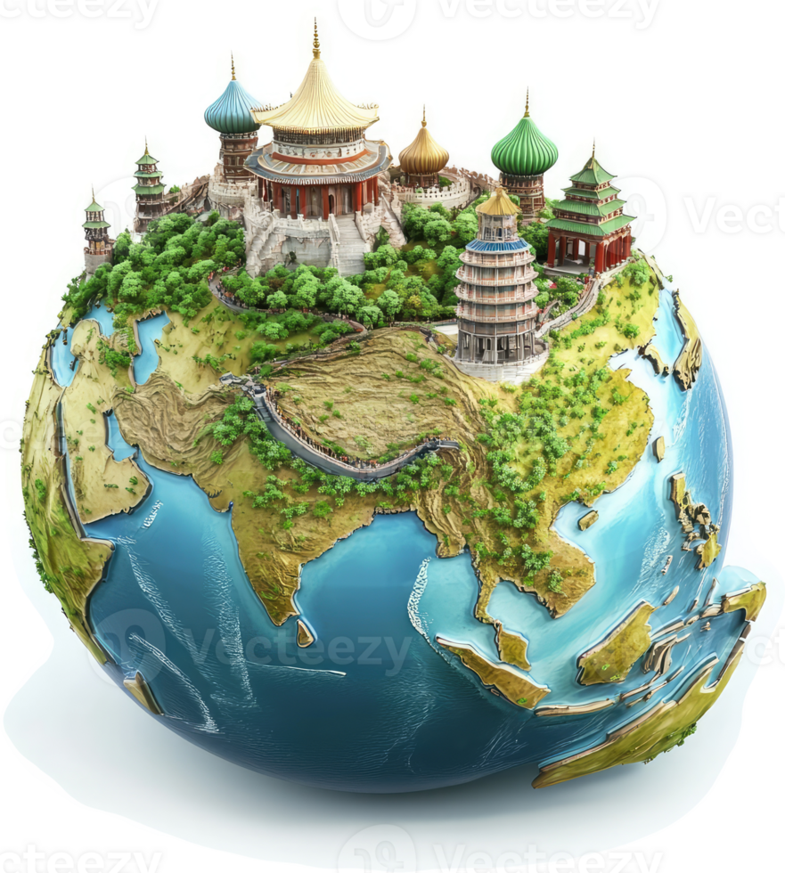 Asian landmarks atop a globe, representing global reach. png