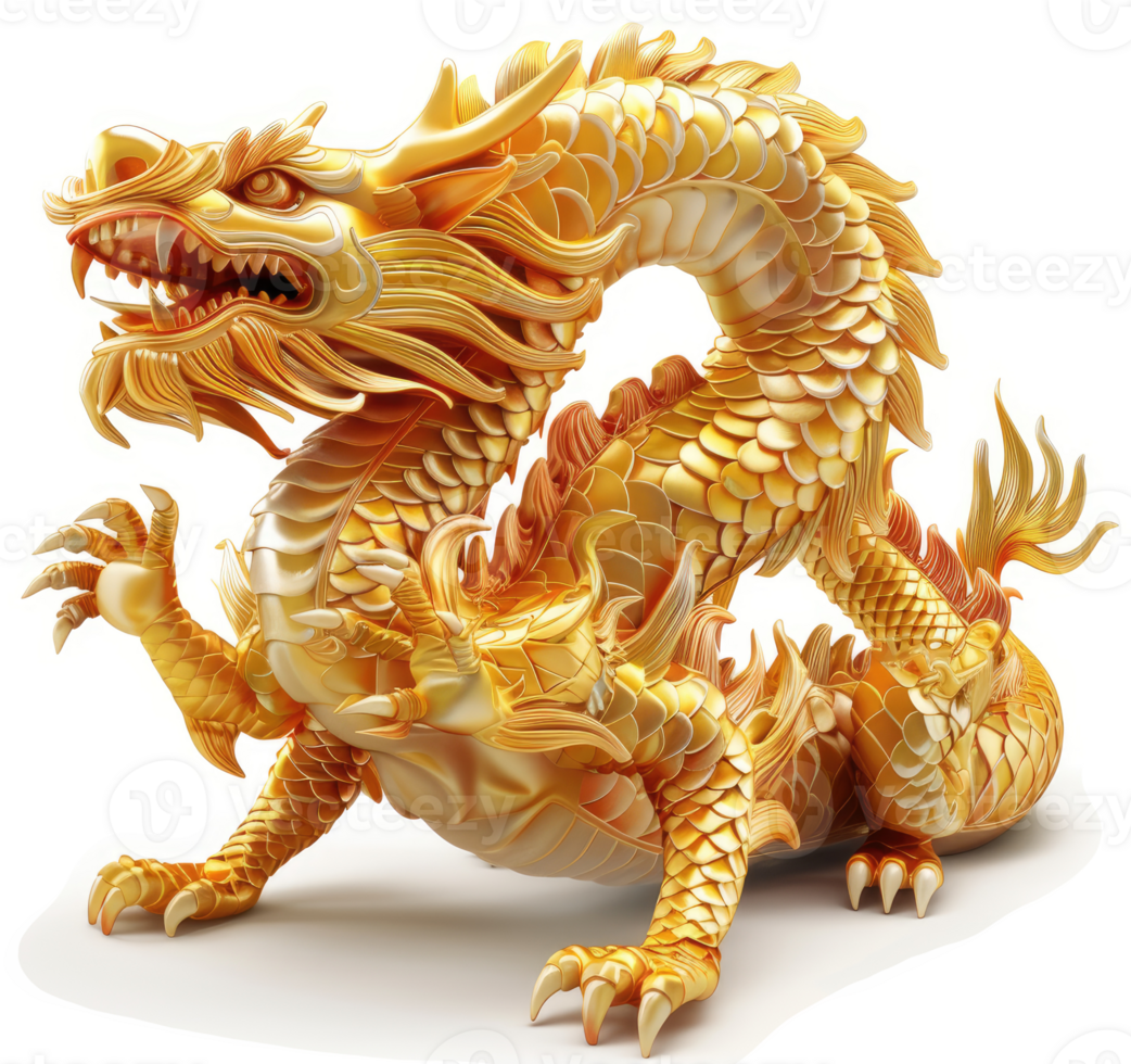 Golden chinese dragon statue, majestic and detailed. png