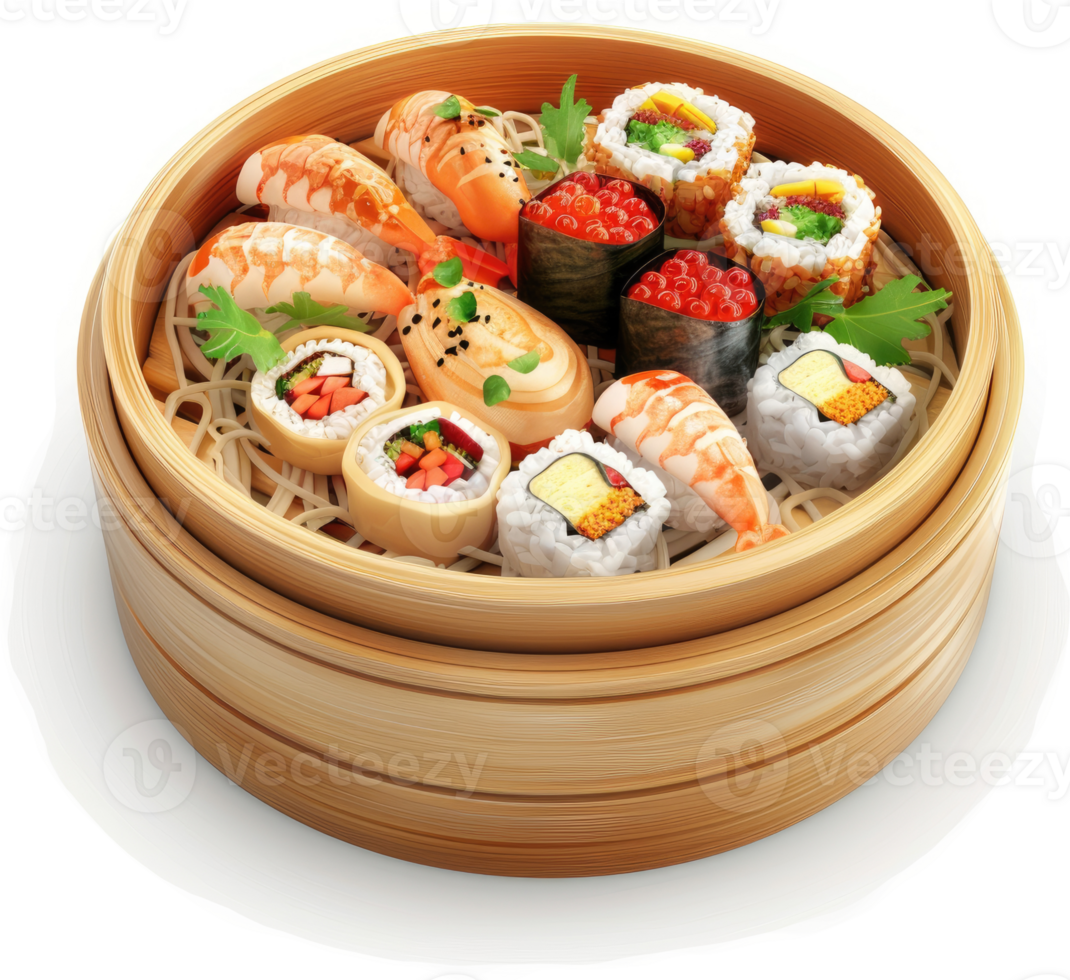 Assorted sushi and seafood in a bamboo steamer. png