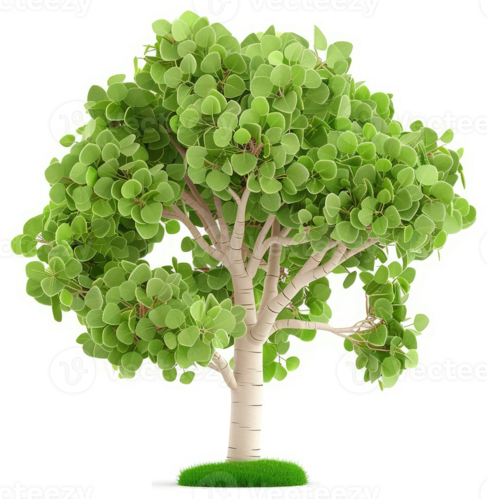 Lush, vibrant tree with light-colored trunk, thriving in a grassy area. png