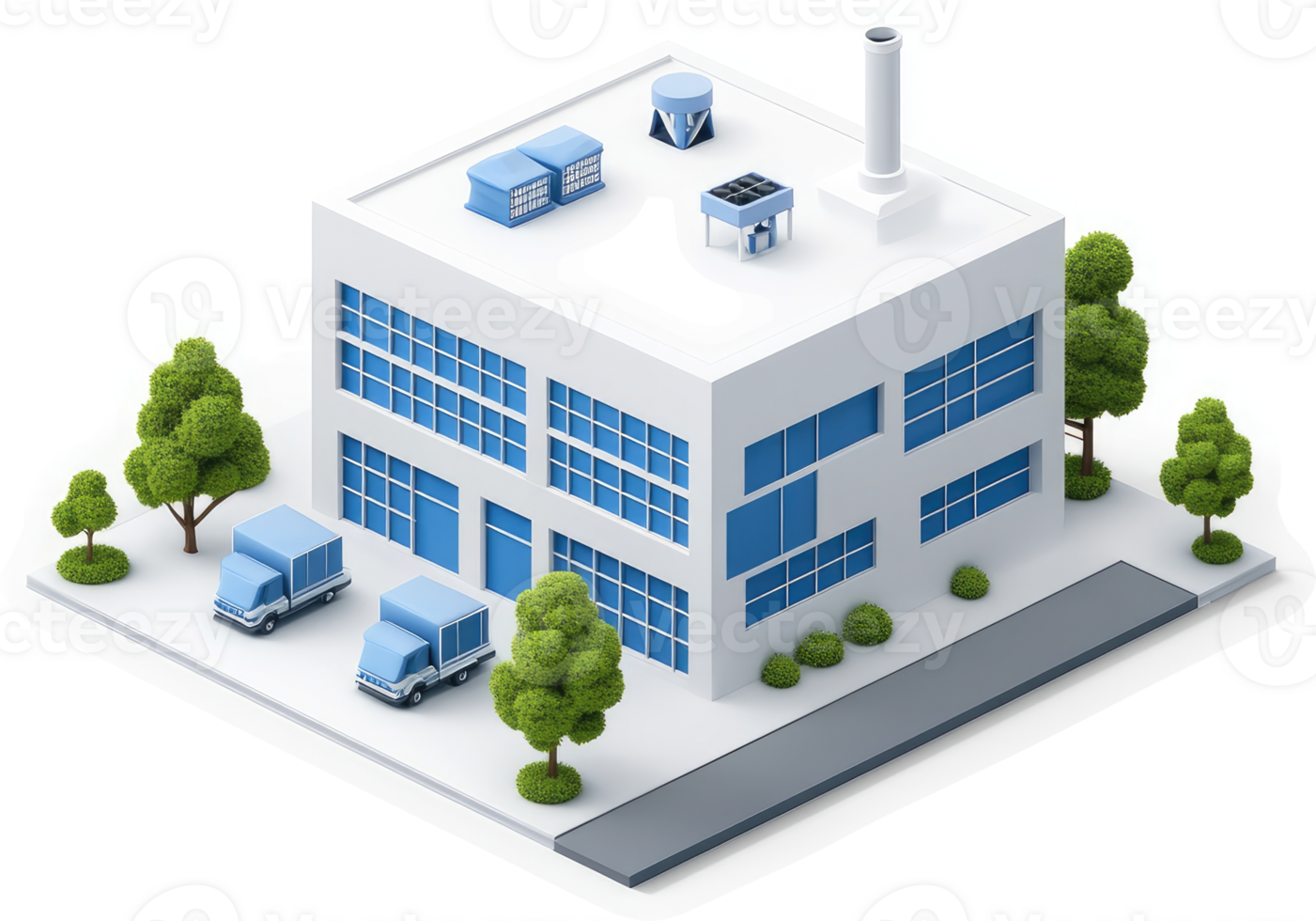 Industrial building complex with support structures and parking. png