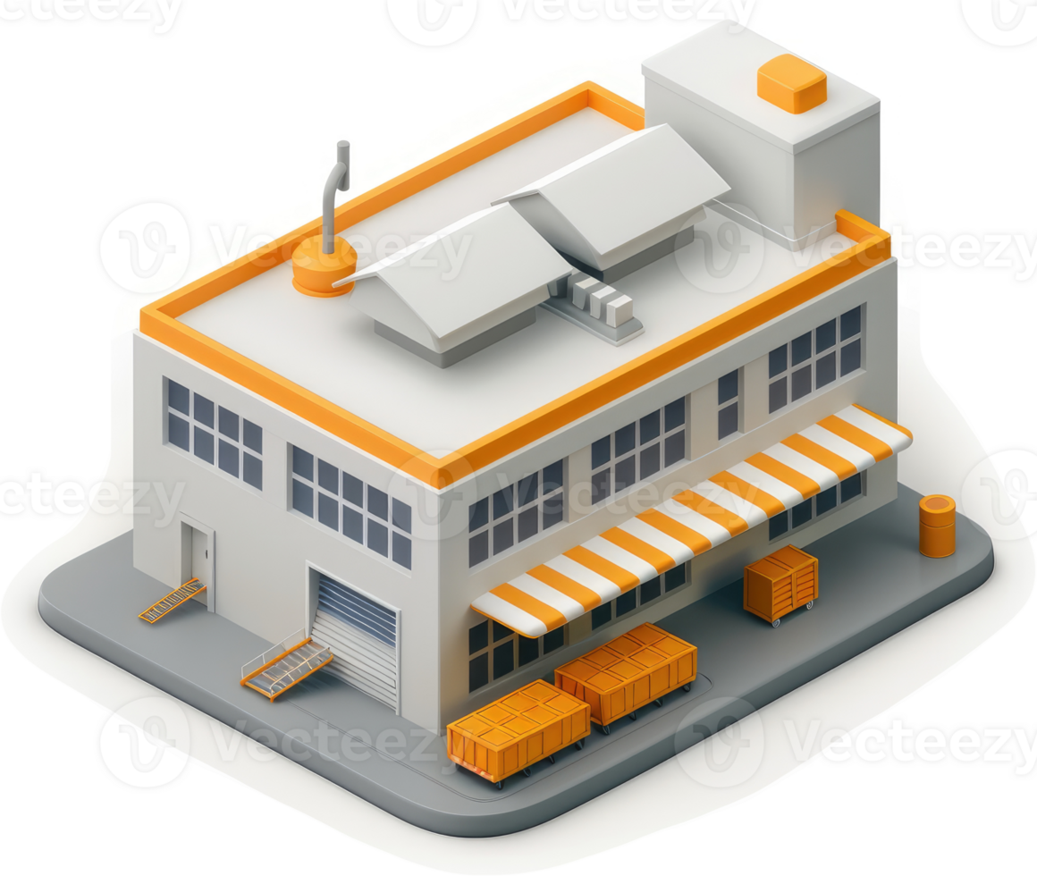 Isometric illustration of a commercial warehouse building. png