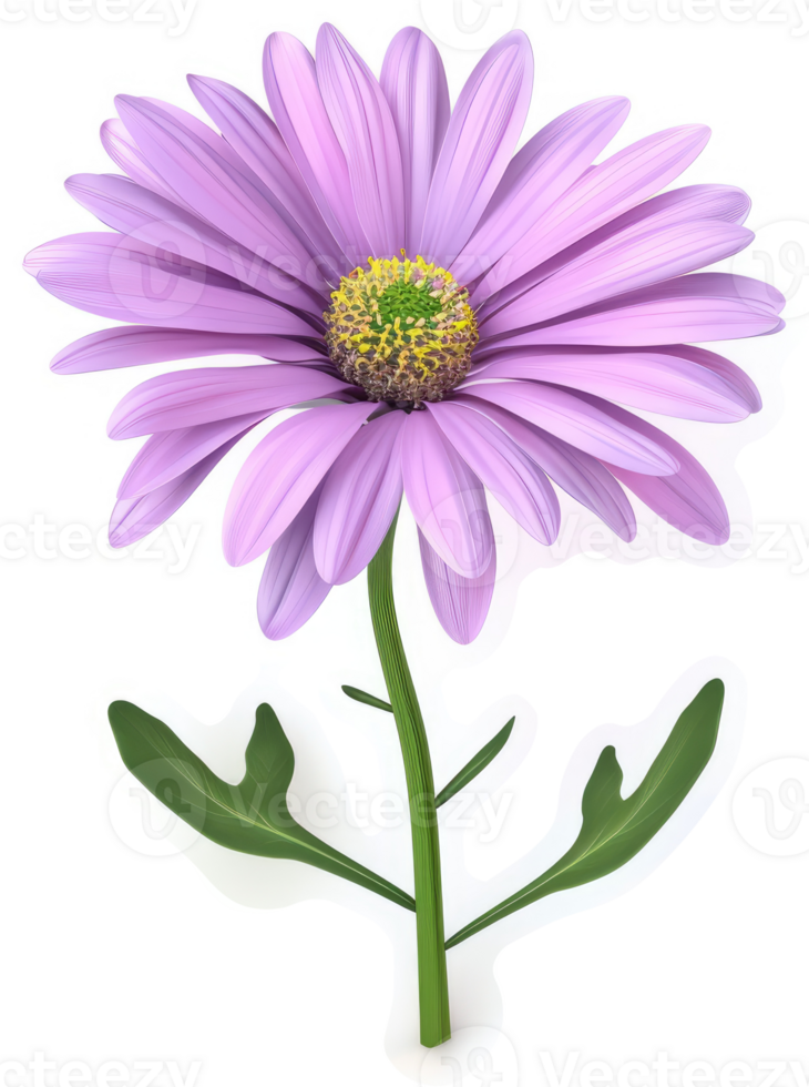 Lilac daisy flower with green leaves. png