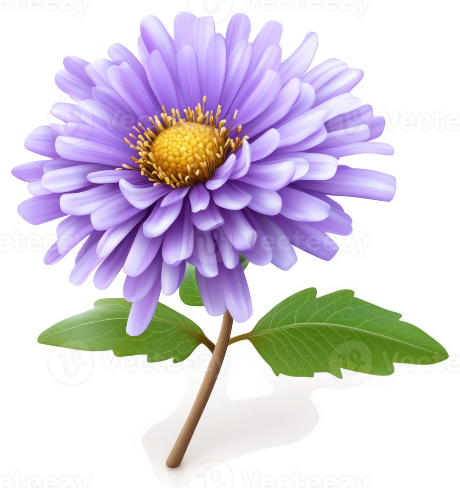 Vibrant purple aster flower with delicate green leaves. png