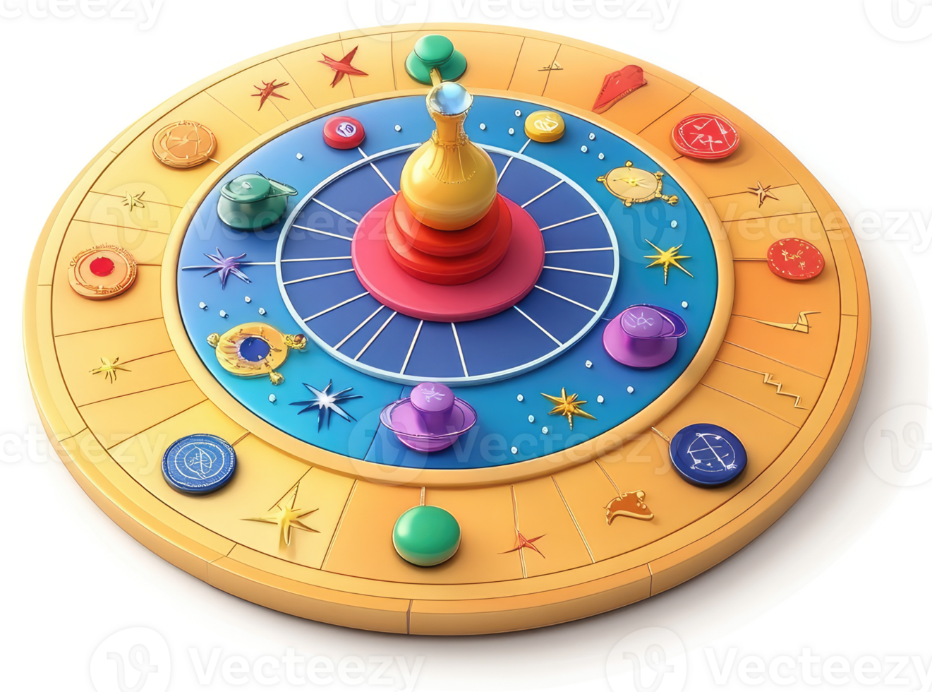 Colorful circular game board with spinning top. png