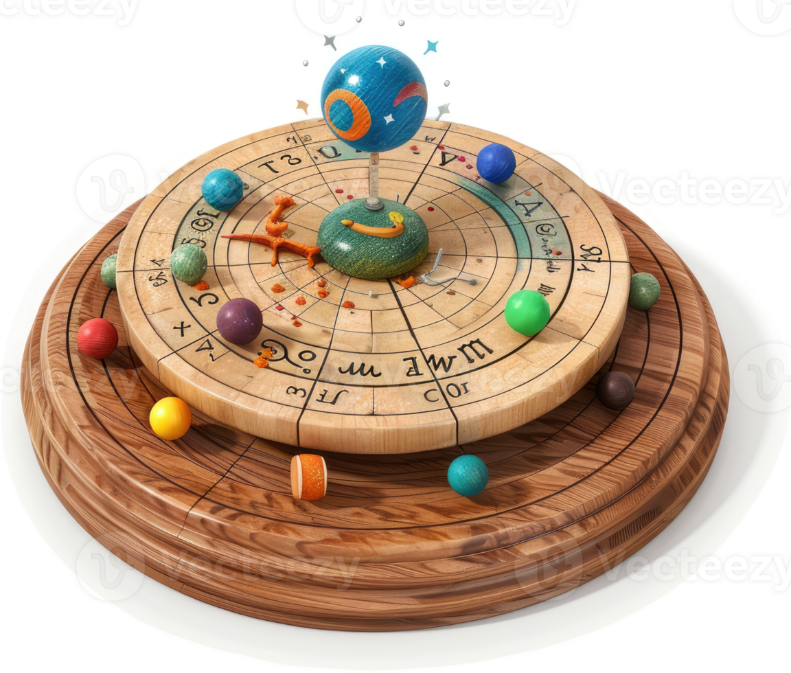 Ornate wooden celestial sphere depicting planetary positions. png