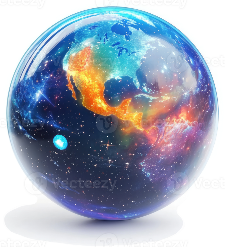A stylized, glowing representation of the Americas on a spherical globe. png