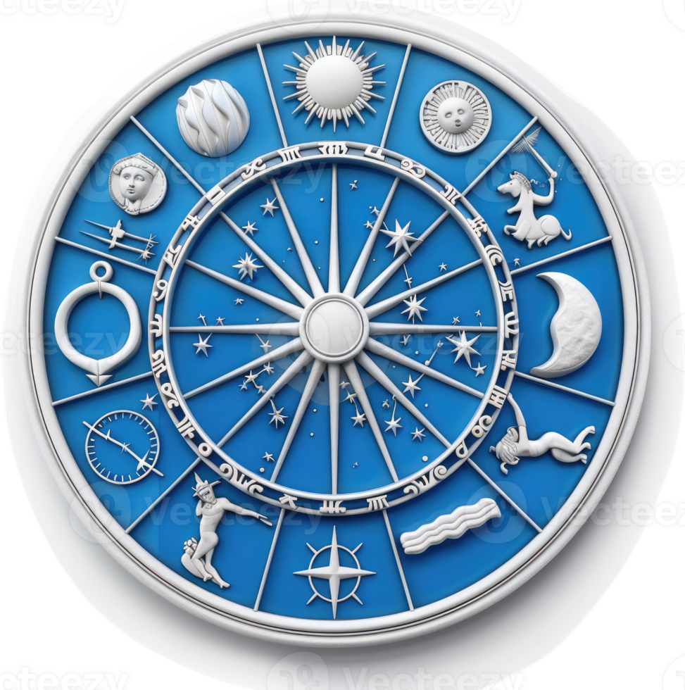 Ornamental celestial wheel depicting the zodiac signs and astrological symbols. png