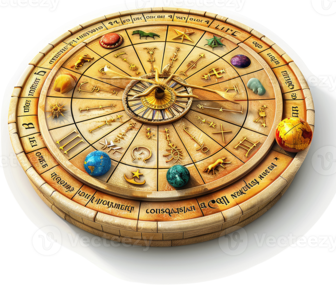 Ornate, ancient-style zodiac wheel, displaying celestial symbols. png