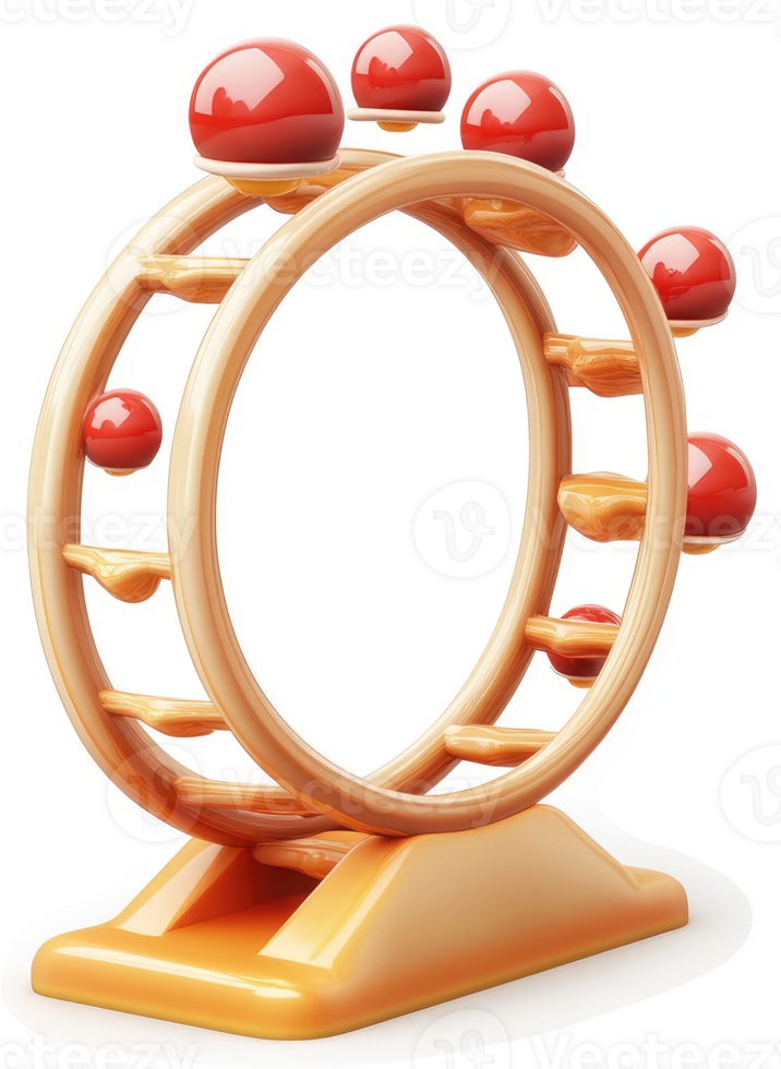Circular wooden track with levitating red spheres. png