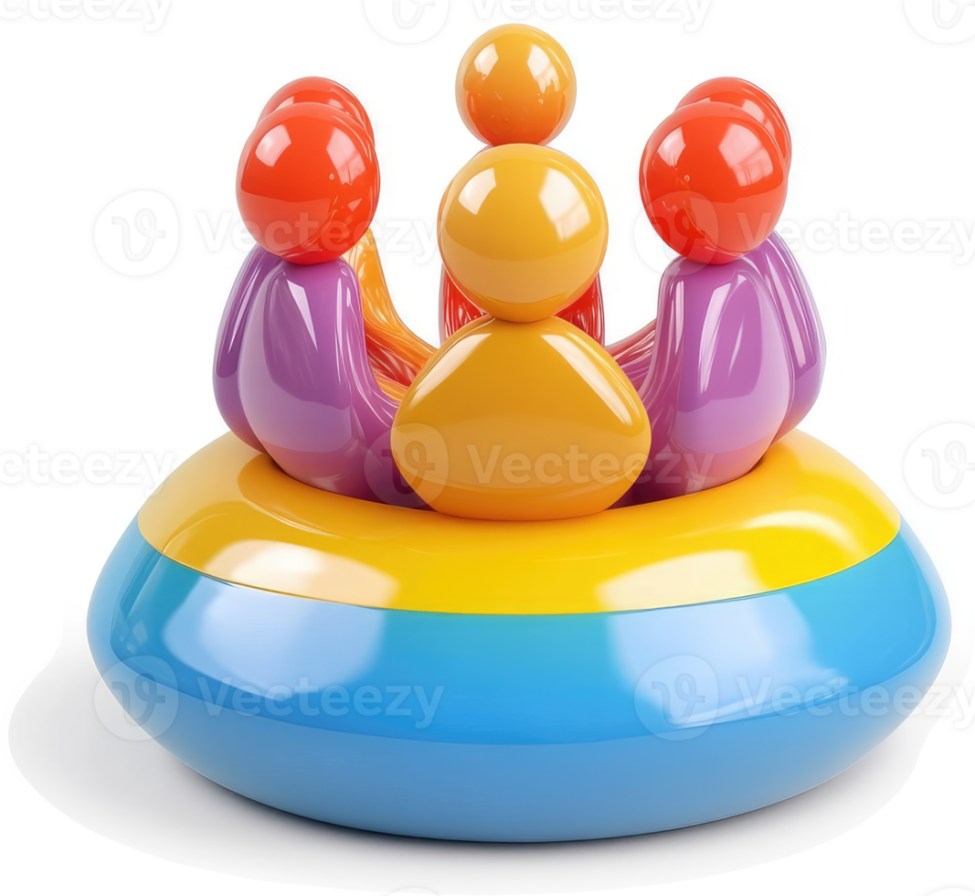 Colorful plastic figures in a group discussion on a vibrant circular base. png
