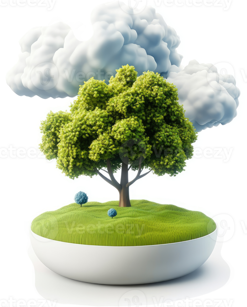 Verdant tree in a miniature grassy bowl, with puffy clouds overhead. png