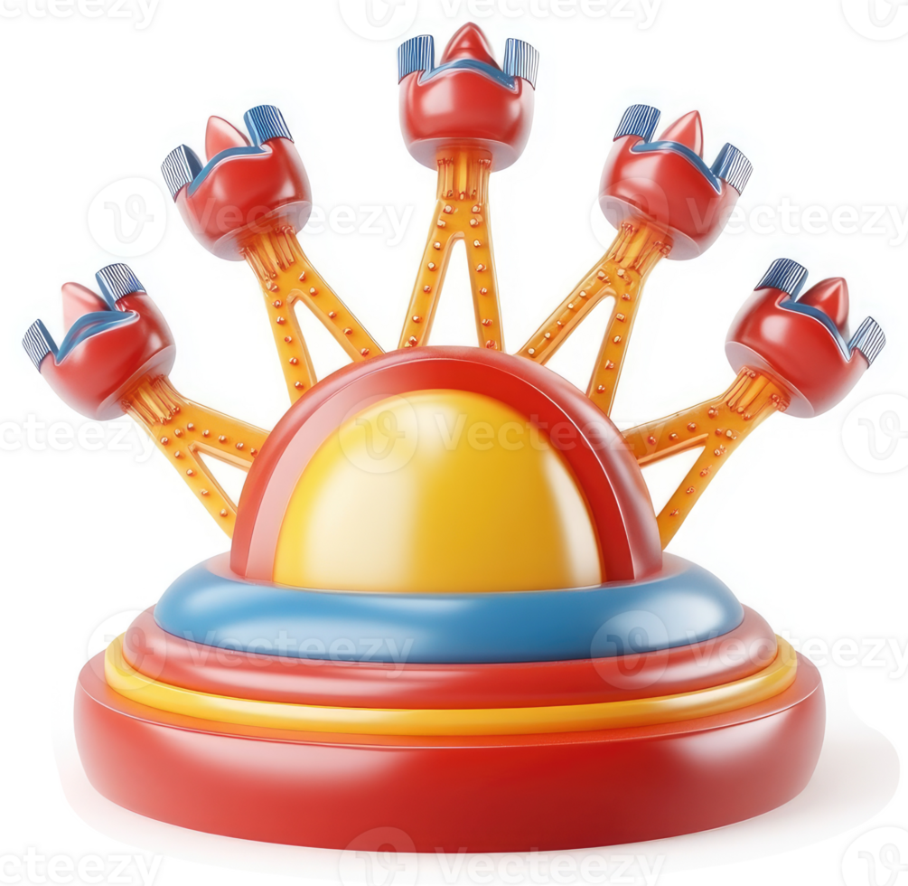 Colorful amusement park ride structure, radiating towers. png