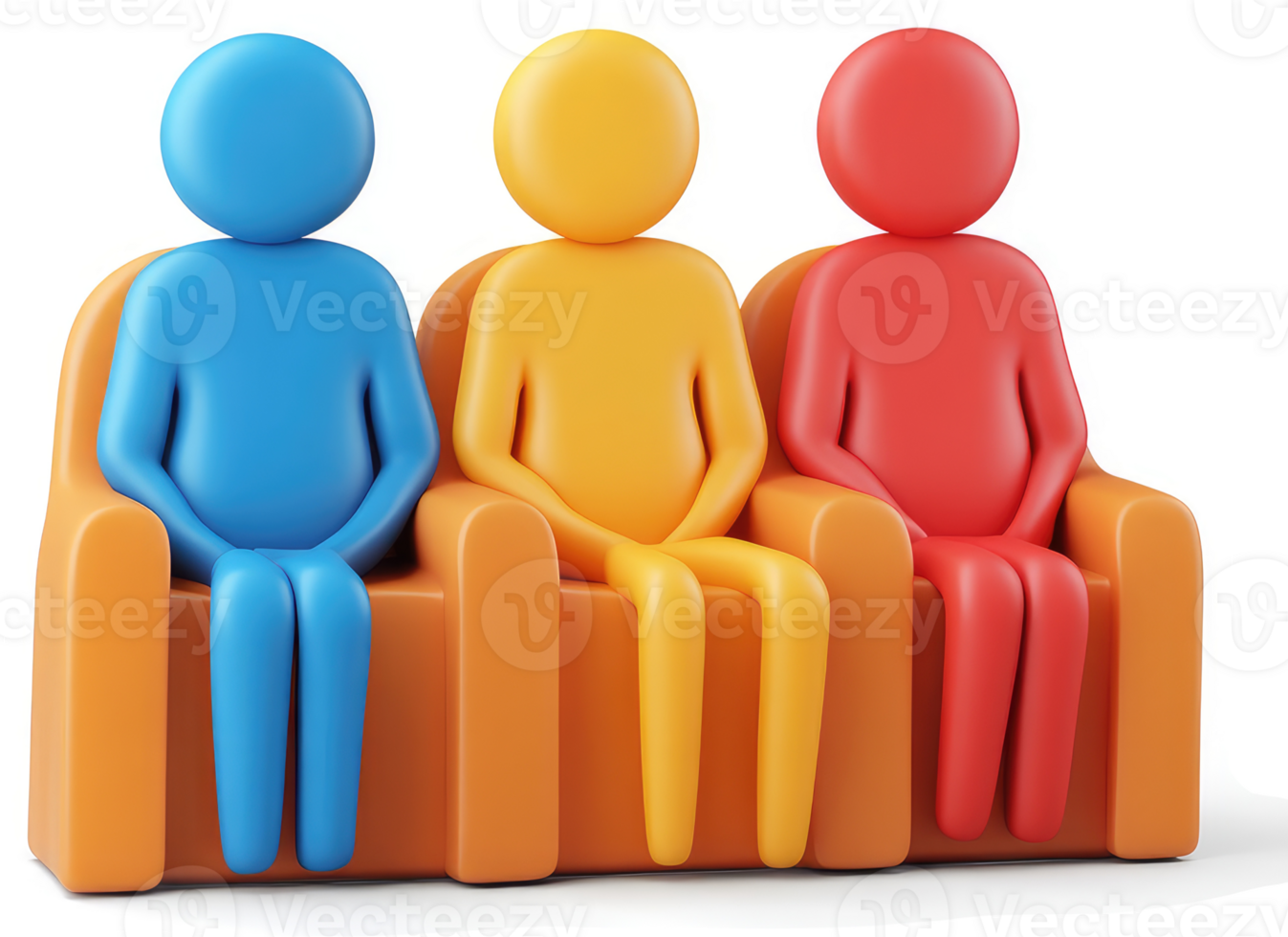Three colorful figures seated on a shared couch. png