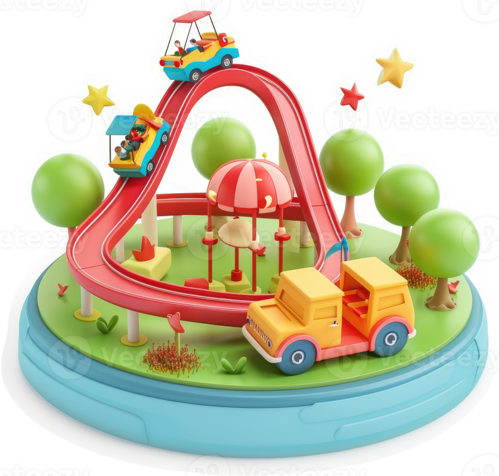 Colorful miniature amusement park with winding roller coaster. png