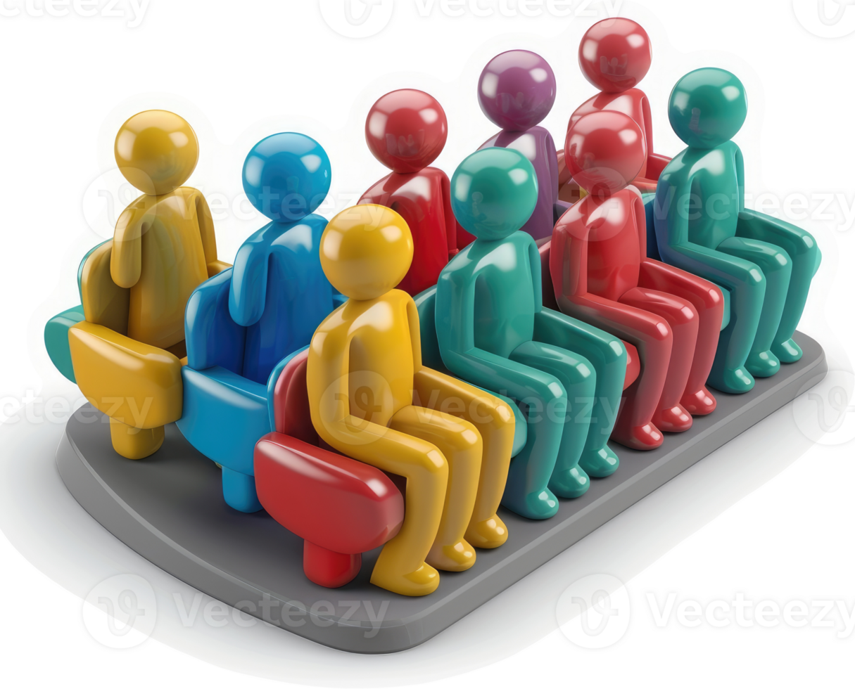 Colorful figures seated in rows on a platform. png