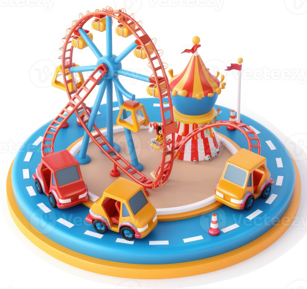 Colorful amusement park scene with rides and vehicles. png