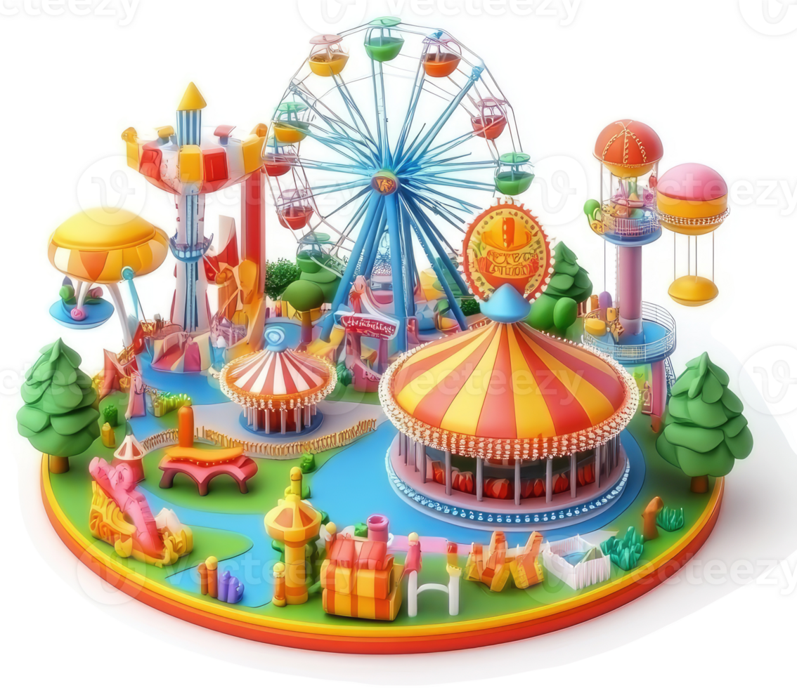 Colorful amusement park landscape showcasing various rides and attractions. png
