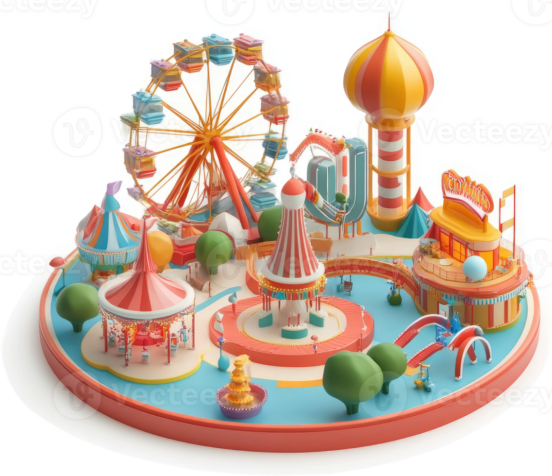 Colorful amusement park with rides and attractions. png