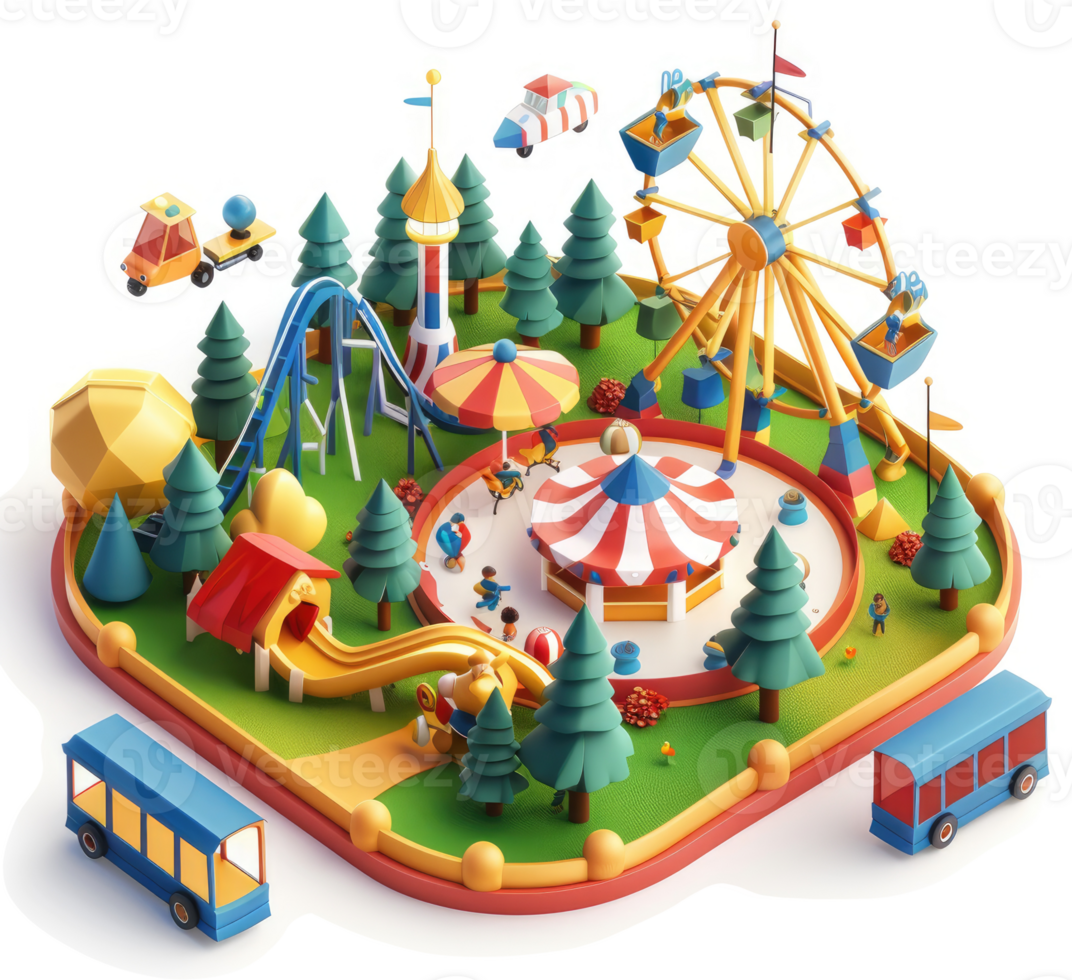 Colorful isometric amusement park scene with rides and attractions. png