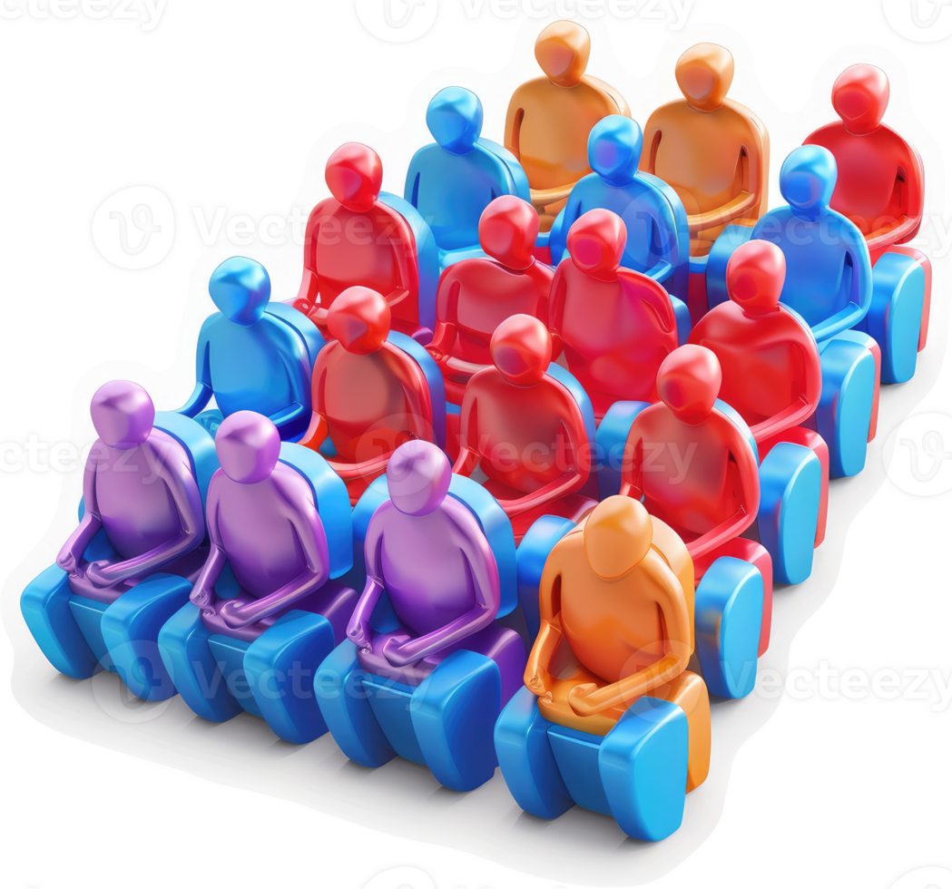 Colorful figures seated in rows, representing a large group. png