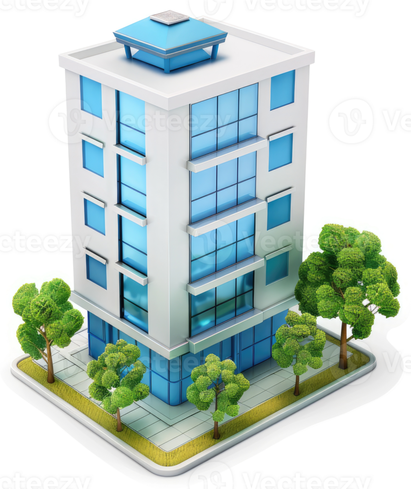 Modern multi-story office building with landscaping. png