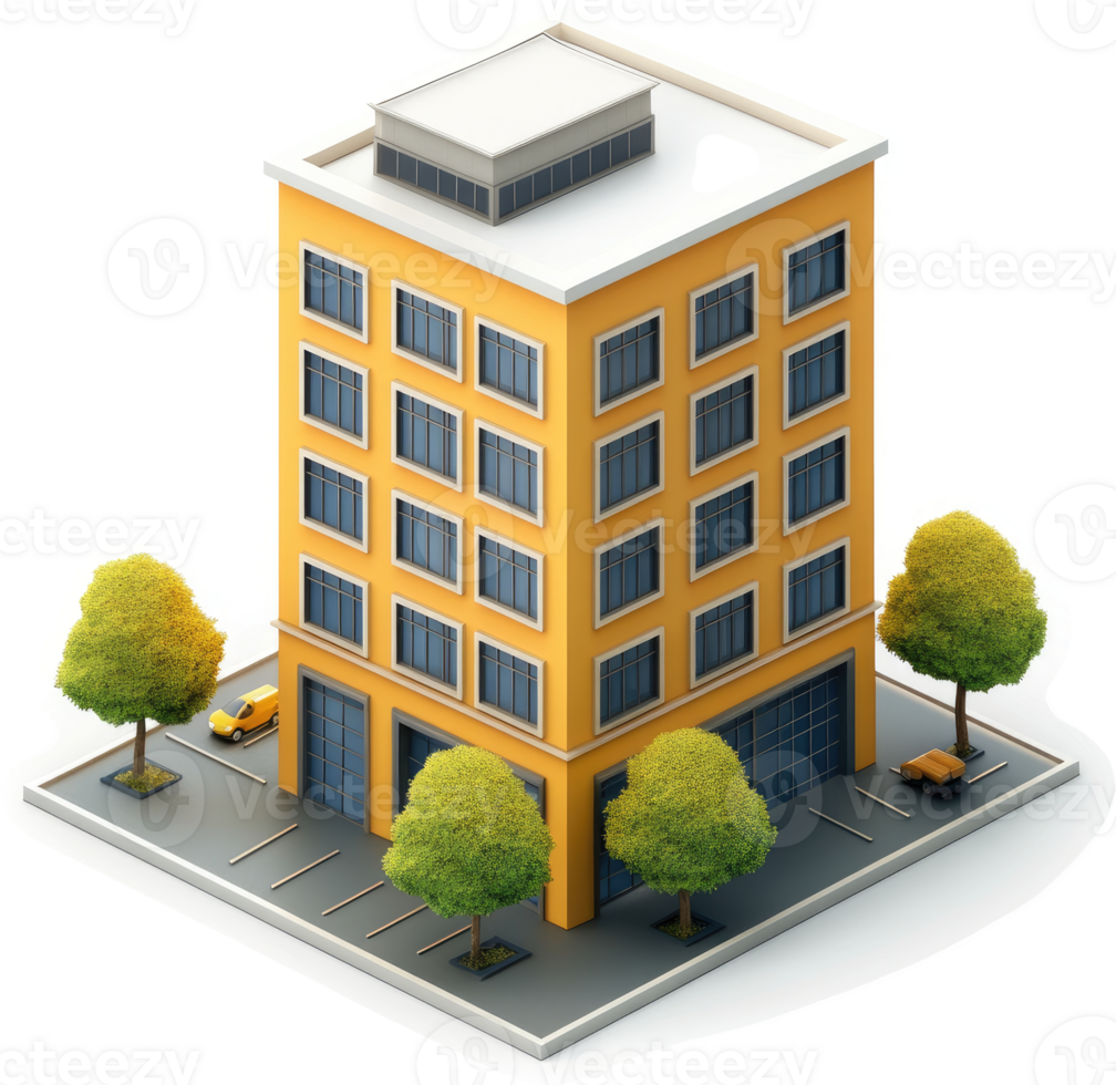 Isometric depiction of a multi-story commercial building. png