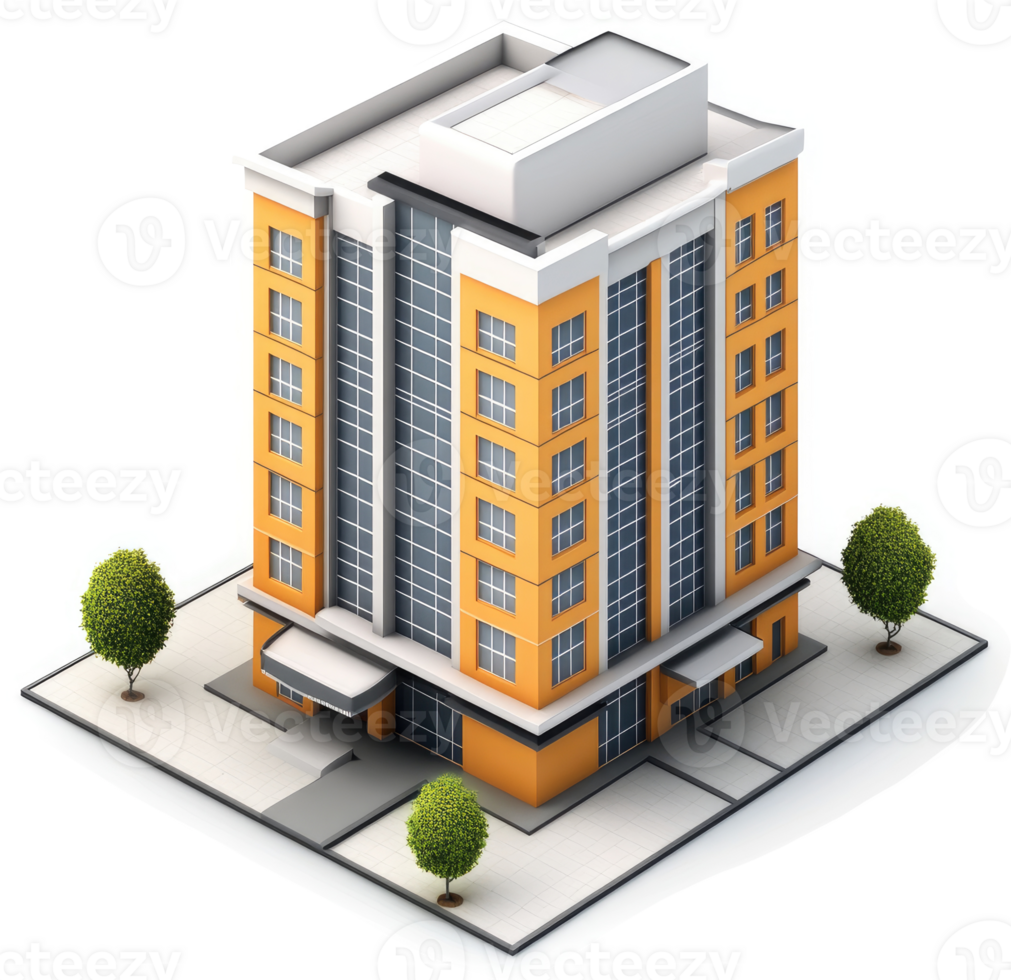 Modern multi-story office building with exterior details. png