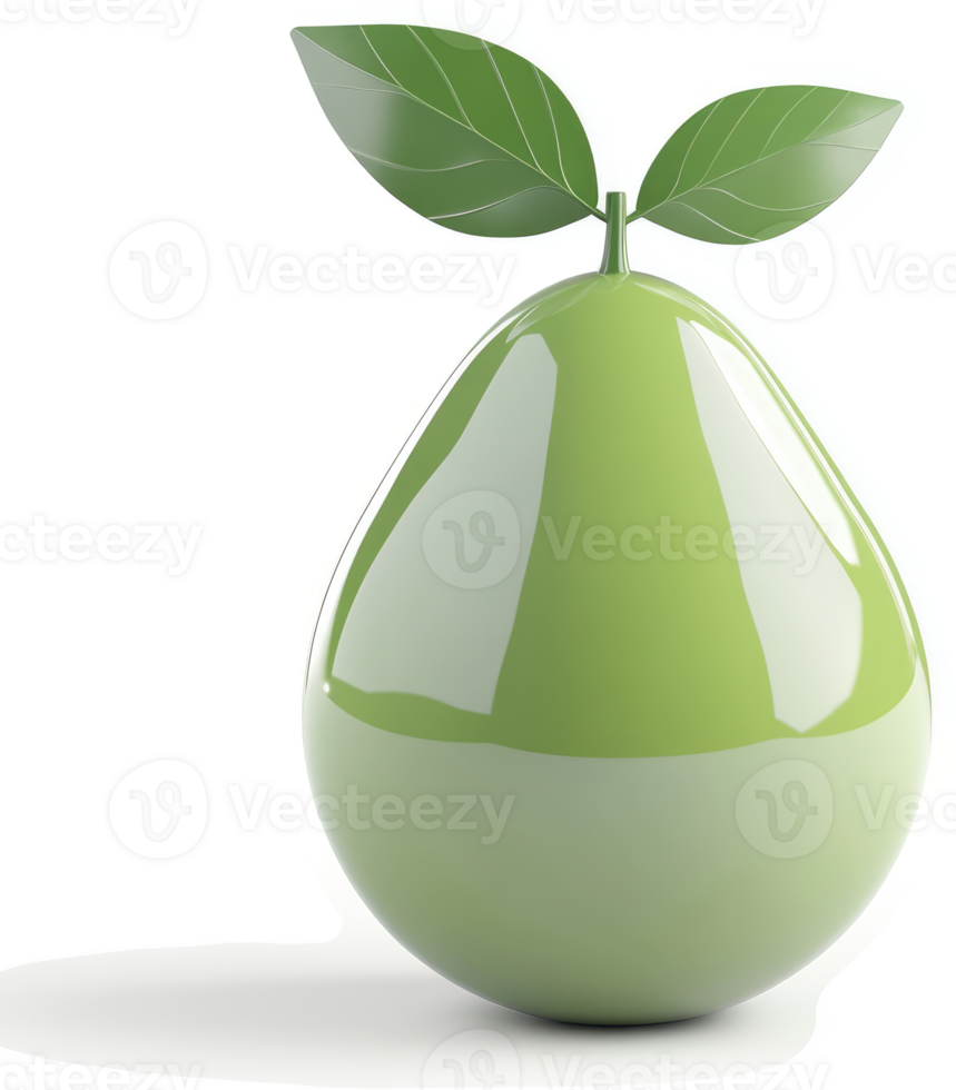 Fresh, glossy green pear with vibrant leaves. png