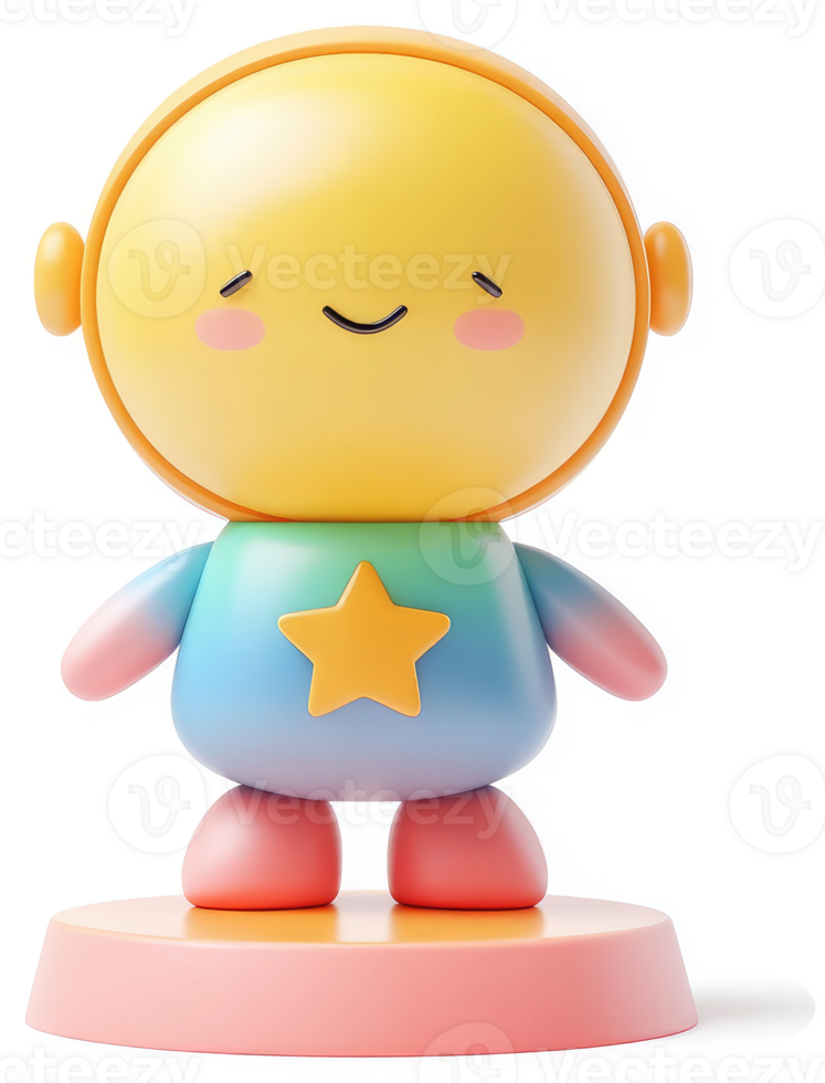 Cheerful, colorful cartoon robot figure with a light-blue appendage. png