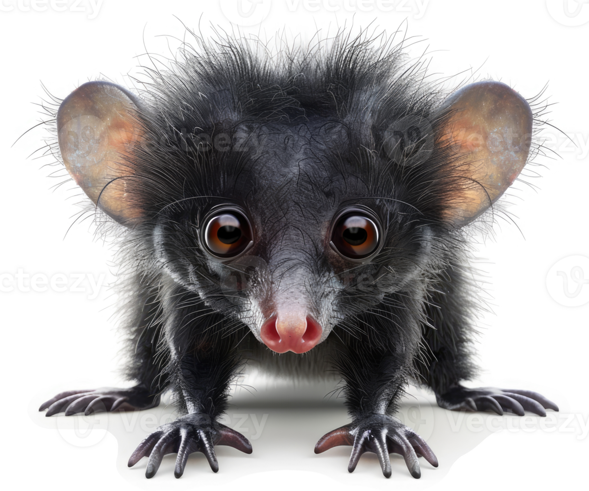 Close-up view of a tiny, black, fluffy aye-aye. png