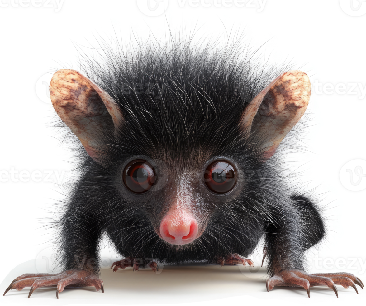Close-up of a black, furry, small mammal. png