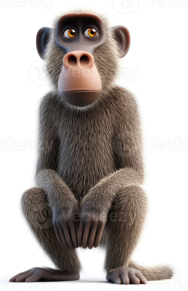 Animated baboon in a thoughtful pose. png