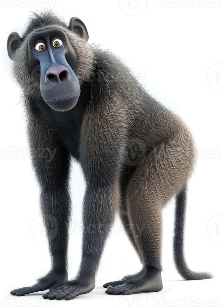 Animated baboon character stands alertly. png