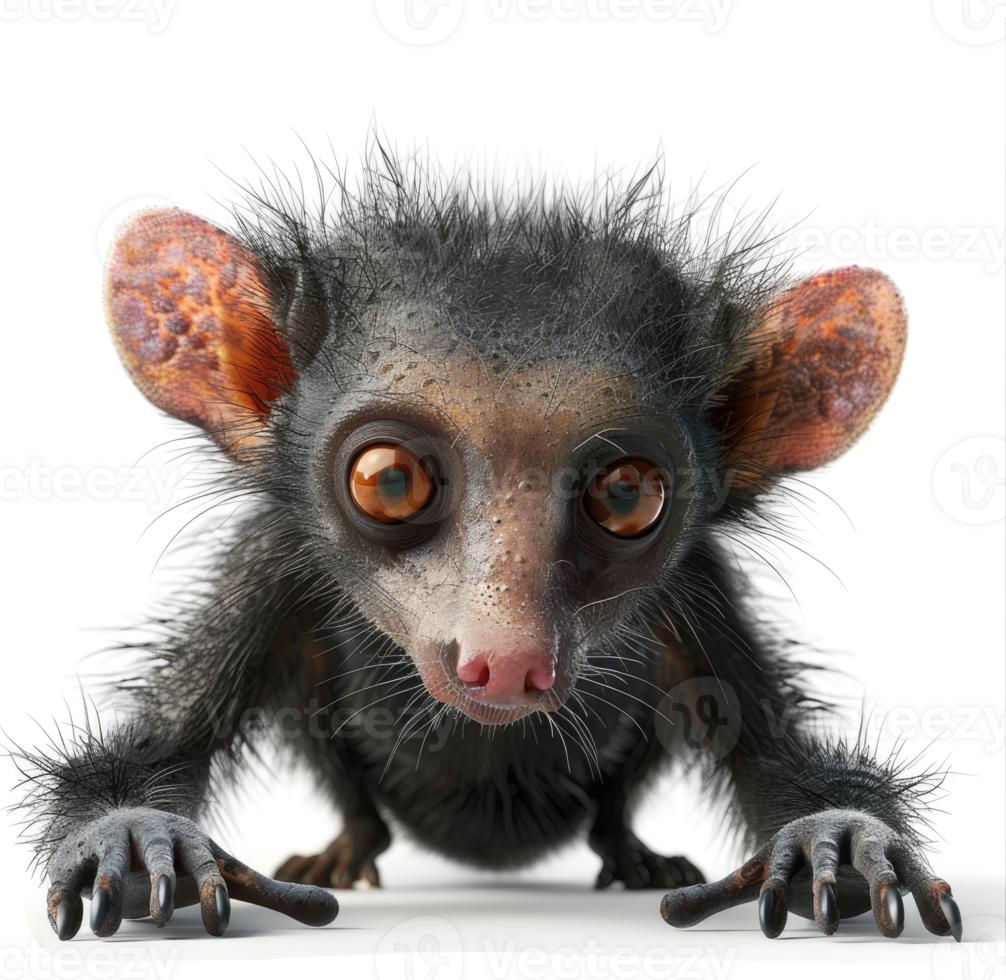 Close-up of a curious aye-aye lemur. png