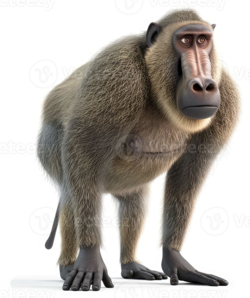 Gray-furred baboon stands alert against a white background. png
