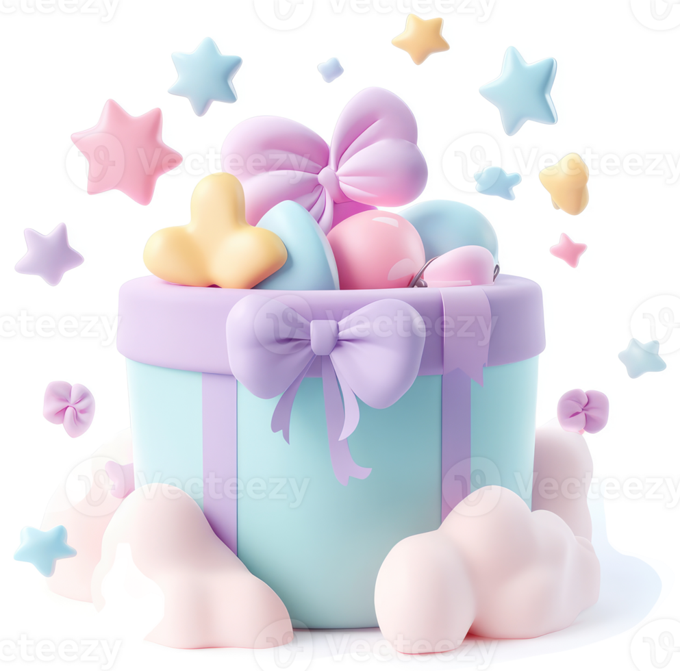 Pastel-colored gift box overflowing with treats and decorations. png