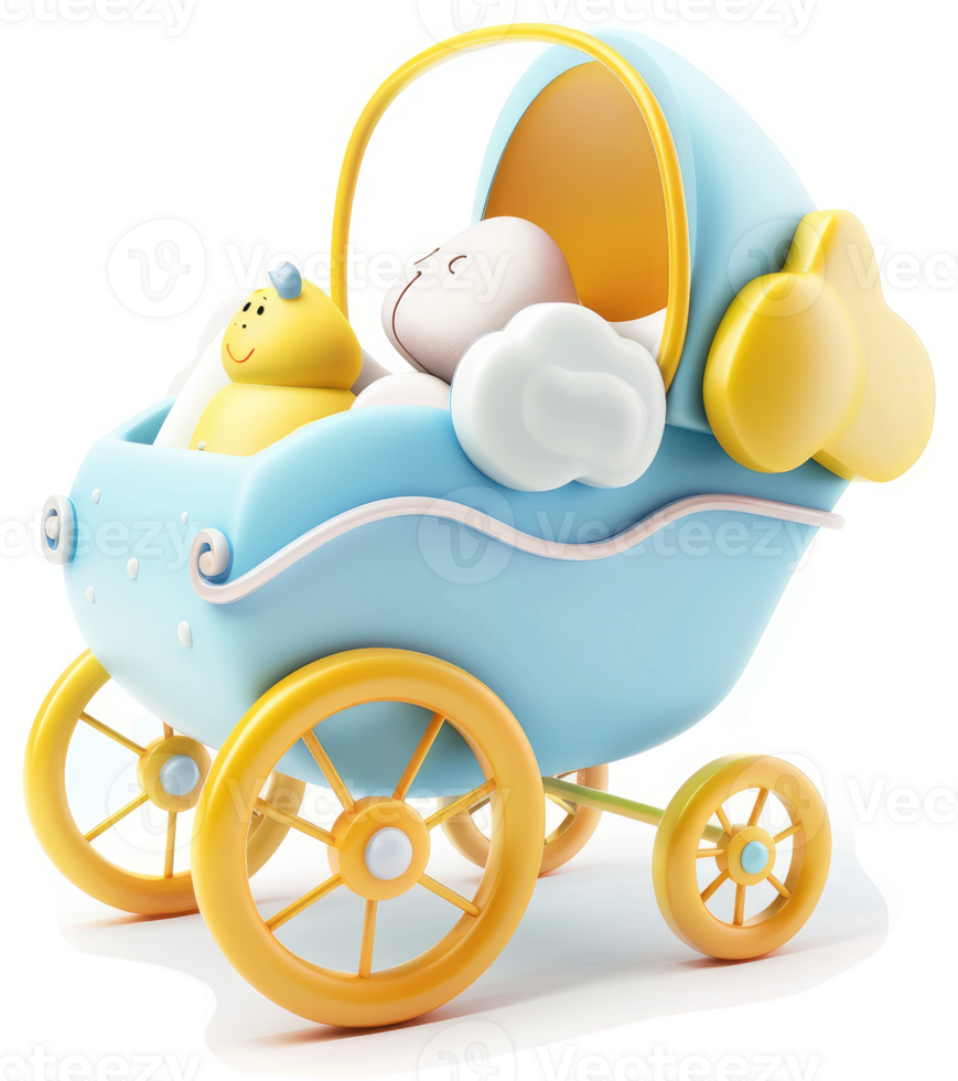 Light-blue baby stroller with cartoon animal companions. png